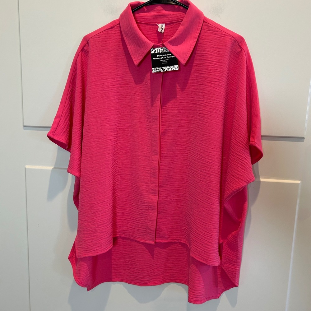 ZENANA Pink Textured Collared‎ Button Front High Low Shirt Top S MSRP $29 NWT